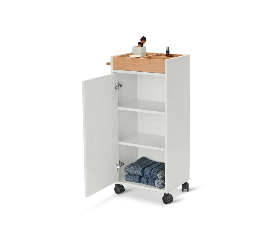 Chariot de rangement de salle de bain ouvert »Eklund«, gris clair, avec cosmétiques et serviettes.