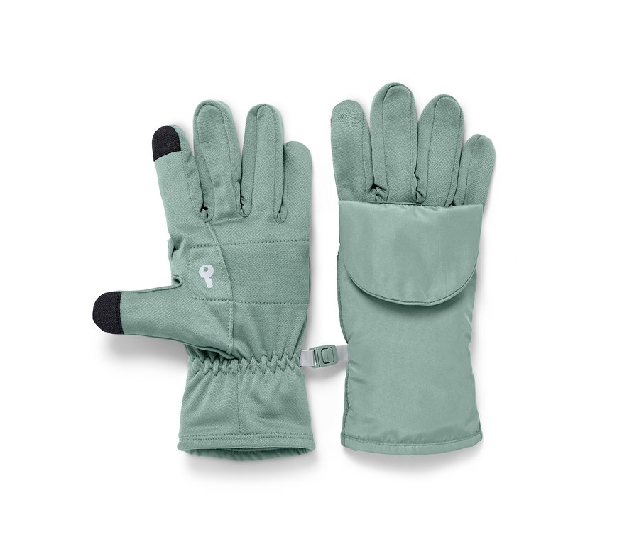 Deux gants de course à pied avec rabats vert clair sont placés côte à côte.