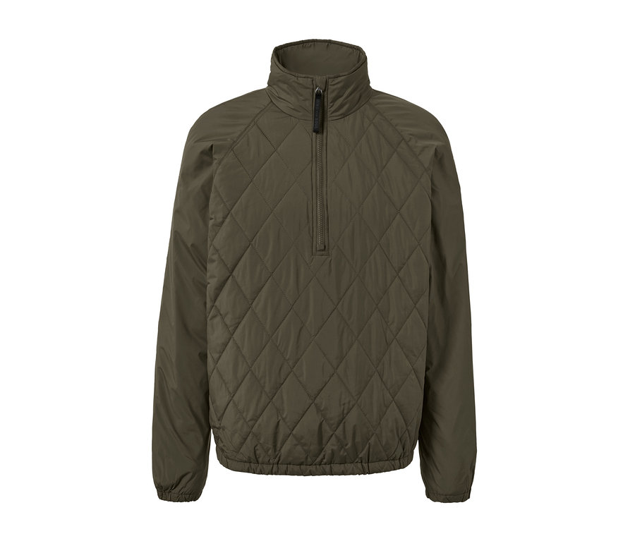 Une veste coupe-vent verte avec un motif matelassé en losanges et une fermeture éclair à mi-hauteur.