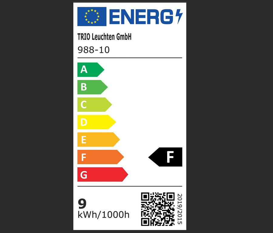 Étiquette énergétique d'un appareil de classe F, avec une consommation de 9 kWh/1000h et un code QR.