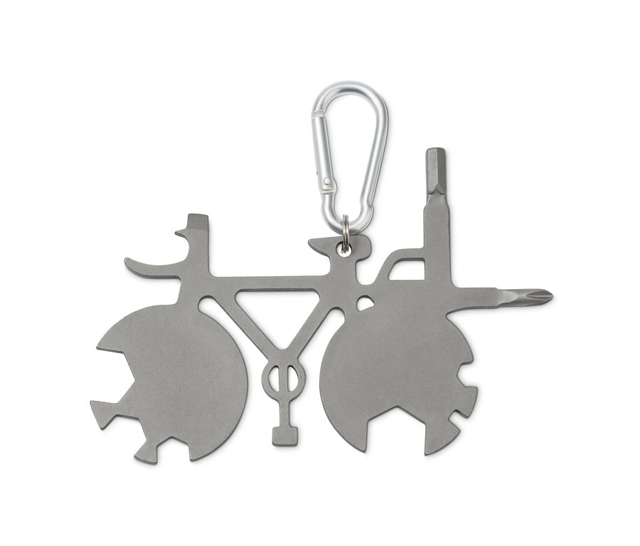 Un outil multifonction gris pour vélo en forme de vélo avec un mousqueton.