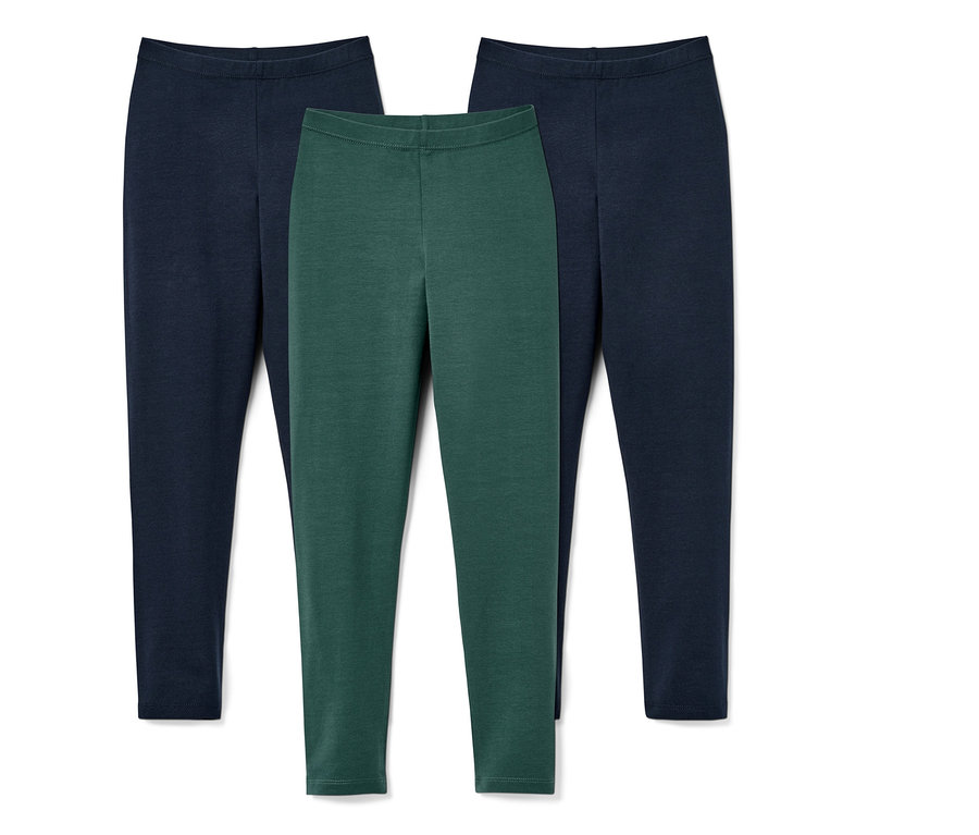 Trois leggings : deux bleu foncé et un vert foncé.