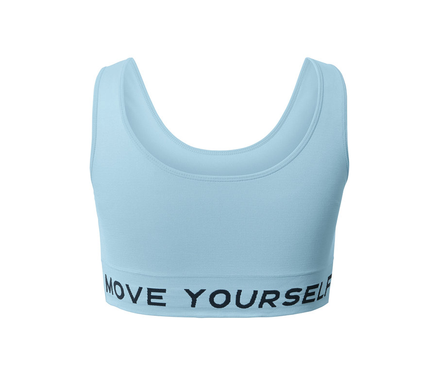 Brassière de sport sans coutures bleu clair avec l'inscription MOVE YOURSELF.