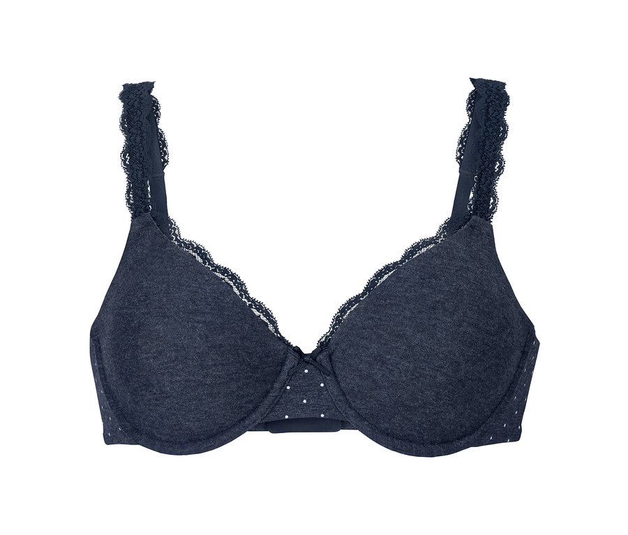 Soutien-gorge à armatures bleu avec bordure et bretelles en dentelle.