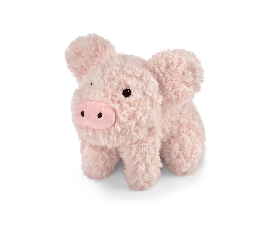 Un animal en peluche « Cochon » se tient sur un fond blanc.