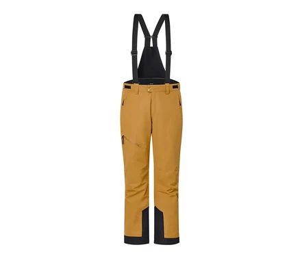 Un pantalon de ski camel avec des bretelles noires et des ourlets inférieurs noirs.