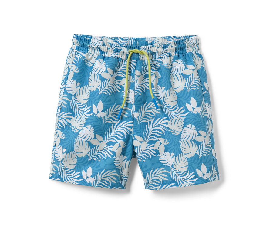 Boardshort pour enfant avec motif de feuilles bleu et blanc et cordon de serrage jaune.