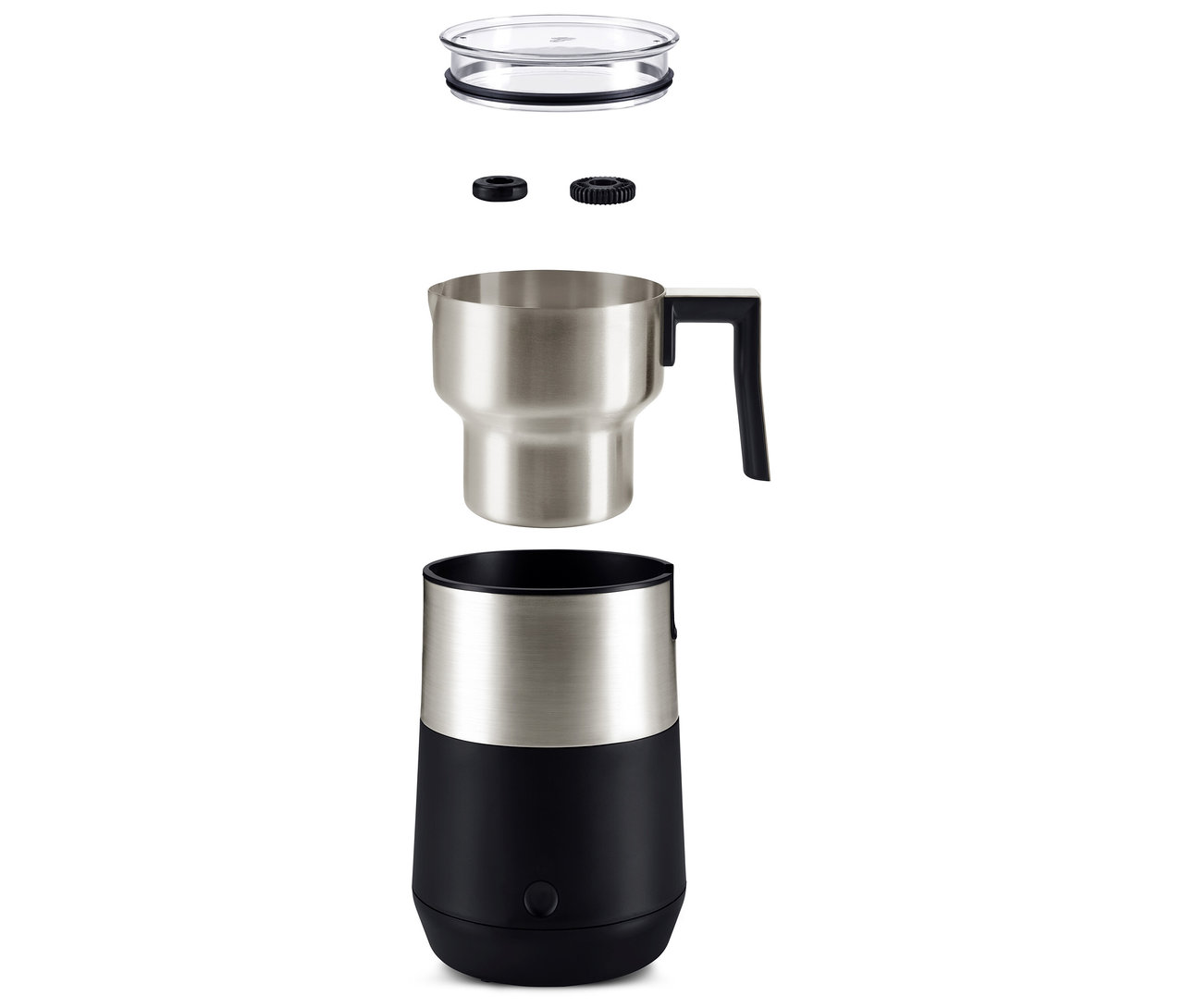 Un mousseur à lait à induction noir démonté, composé d'un couvercle transparent, de deux accessoires noirs, d'un récipient en acier inoxydable et d'une base noire.