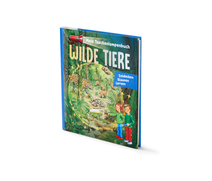 Livre « Mein Taschenlampenbuch – wilde Tiere » avec illustrations d'animaux sauvages et d'enfants.