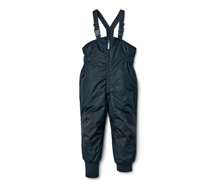 Pantalon de pluie évolutif pour enfant bleu marine avec bavette et fermeture éclair au milieu.
