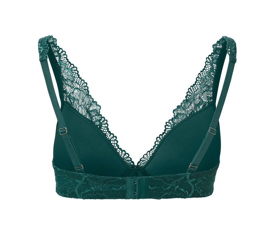 Vue détaillée de l'arrière d'un soutien-gorge à coques souples vert foncé avec des détails en dentelle.