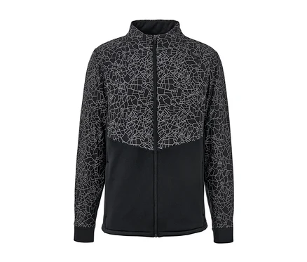 Veste thermique noire et grise avec fermeture éclair et motif géométrique.