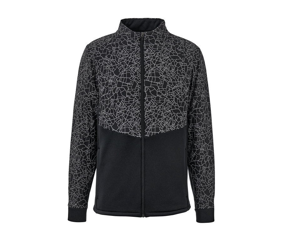 Veste thermique noire et grise avec fermeture éclair et motif géométrique.