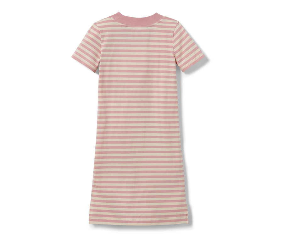 Une robe en jersey pour enfant avec des rayures horizontales roses et crème.