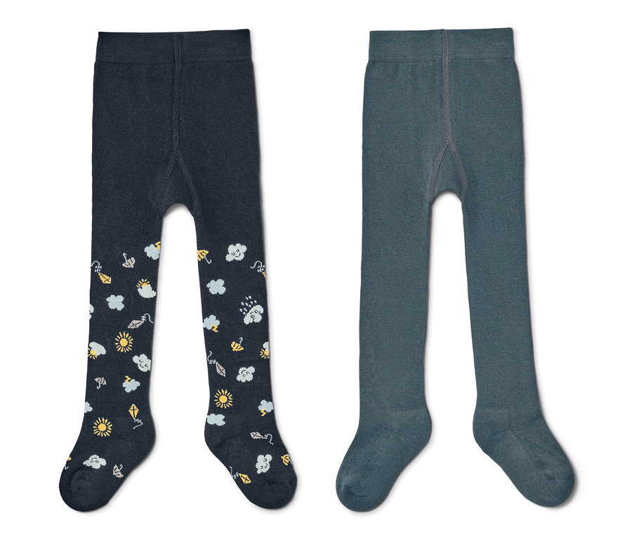 Deux collants bleus pour tout-petits. Un bleu foncé avec un motif de soleil, de nuages et de pluie, un bleu clair.