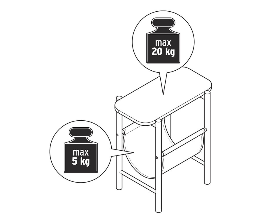 Illustration d'une table d'appoint avec un espace de rangement à boucles, avec une capacité de charge maximale de 20 kg sur le dessus et de 5 kg sur l'espace de rangement.