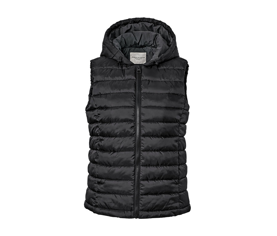 Gilet sans manches matelassé noir à capuche.