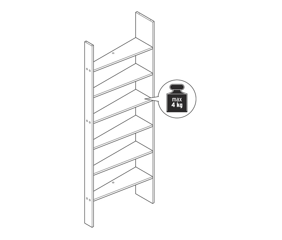 Illustration d'une étagère de porte blanche avec sept étagères et une capacité de charge maximale de 4 kg.