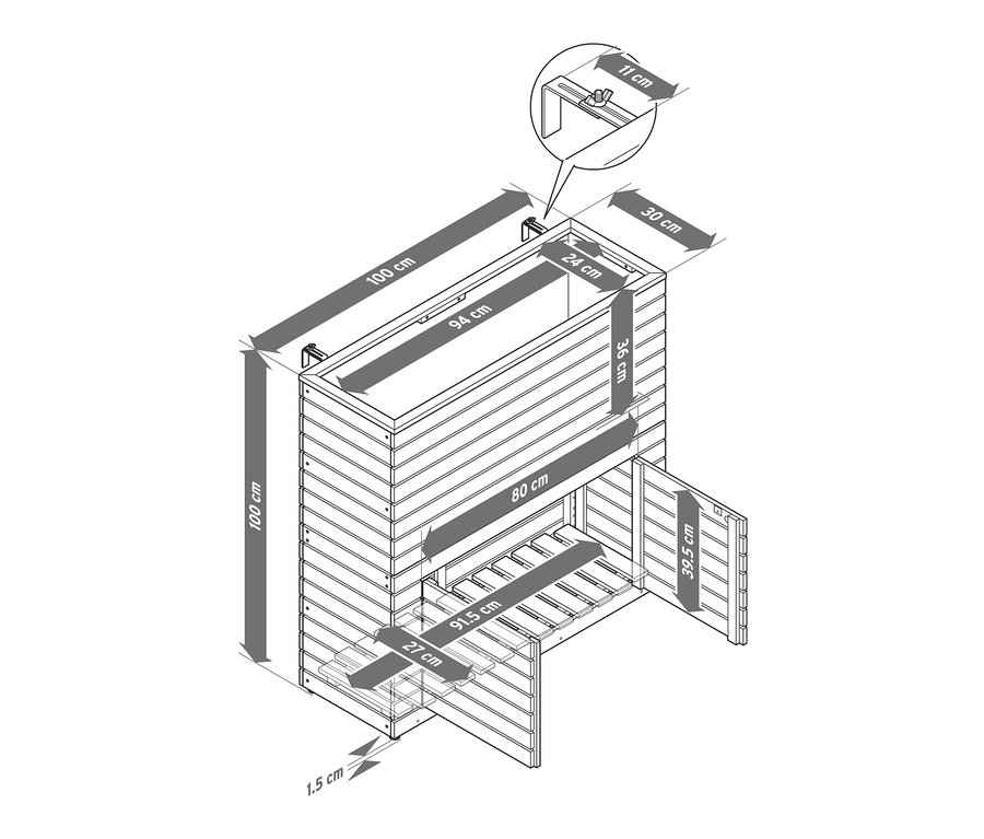 Illustration du séparateur de jardinière «
Tinus
» avec armoire de rangement, avec les dimensions correspondantes.
