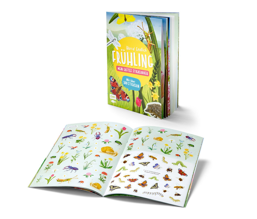 Deux livres ouverts « Hurra ! Endlich Frühling ». Un livre est fermé et se trouve derrière l’autre, qui est ouvert et posé à plat.