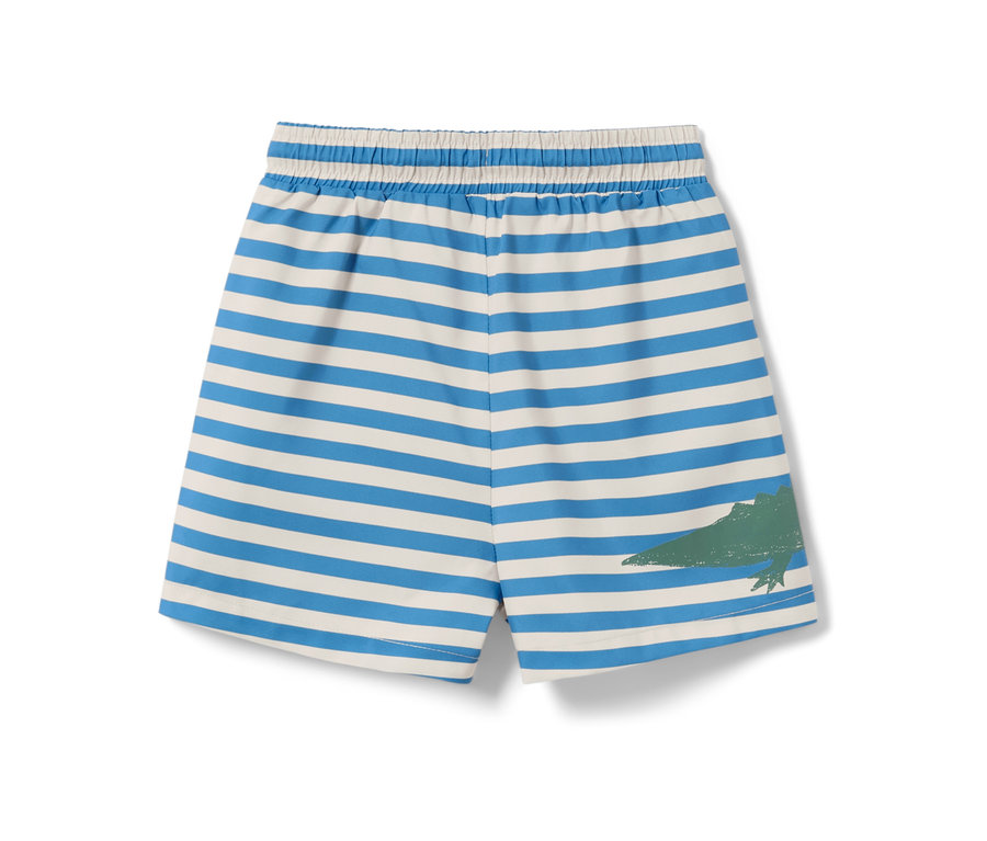 Boardshort pour enfant à rayures bleues et blanches avec un crocodile vert.