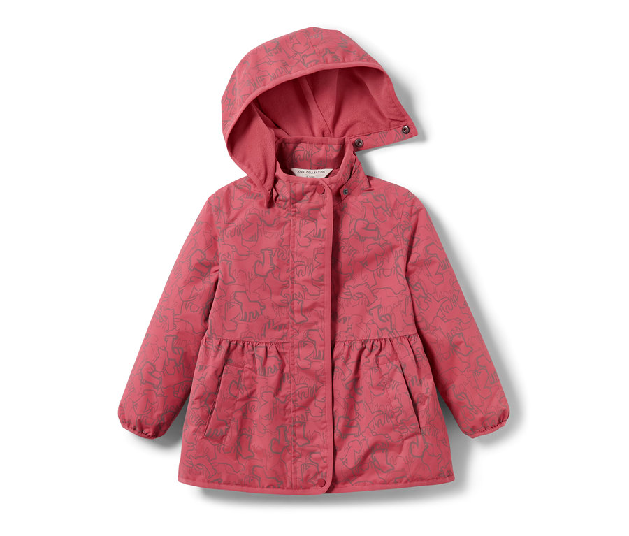 Veste de pluie thermique rose pour enfant avec éléments réfléchissants.