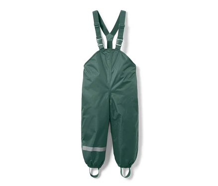 Pantalon de pluie thermique vert foncé pour enfant avec bavette et bretelles réglables.