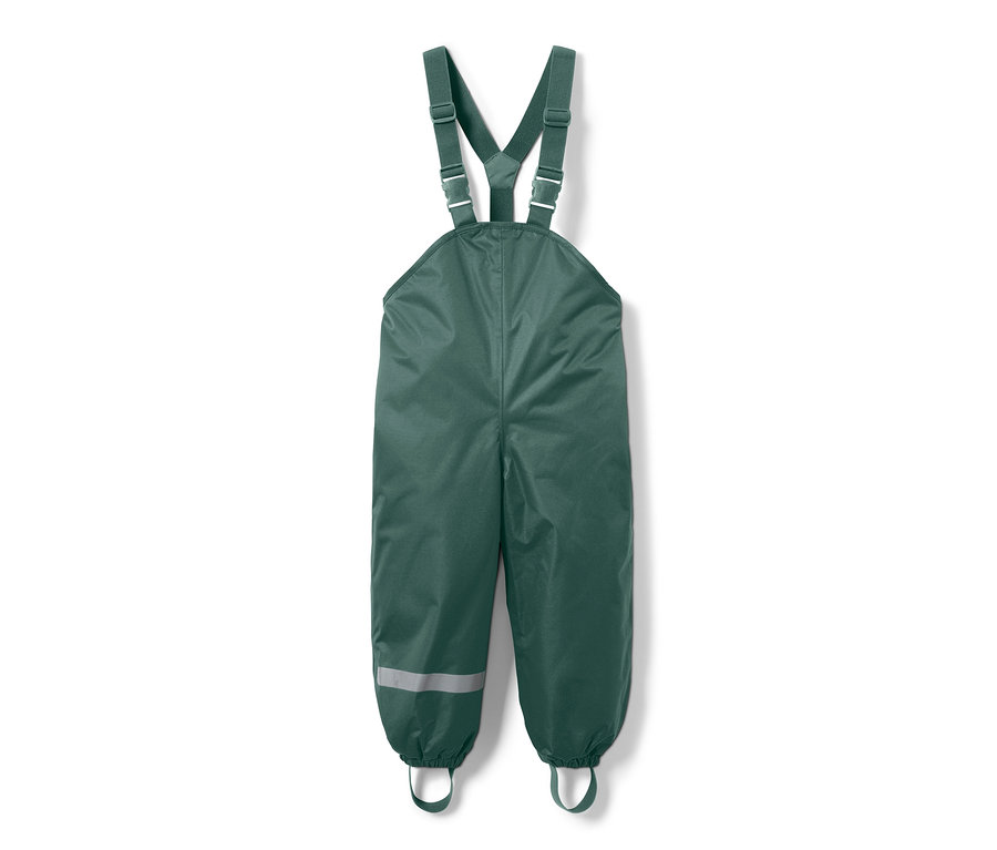 Pantalon de pluie thermique vert foncé pour enfant avec bavette et bretelles réglables.