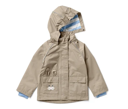 Veste de pluie marron pour enfant avec capuche et motif de lapin.