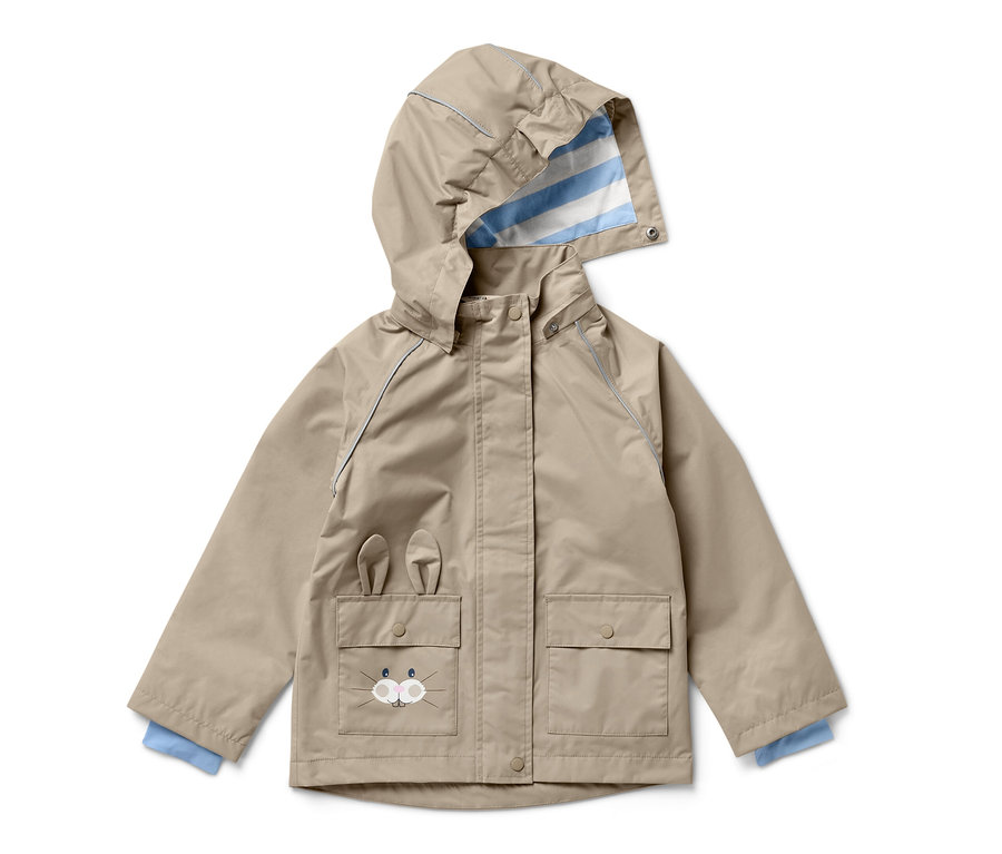 Veste de pluie marron pour enfant avec capuche et motif de lapin.