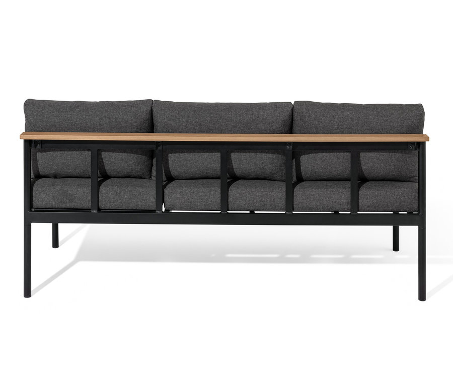 Vue de face de la banquette dining 2 en 1 « Elin » avec six coussins d'assise et de dossier gris et un cadre en bois clair.