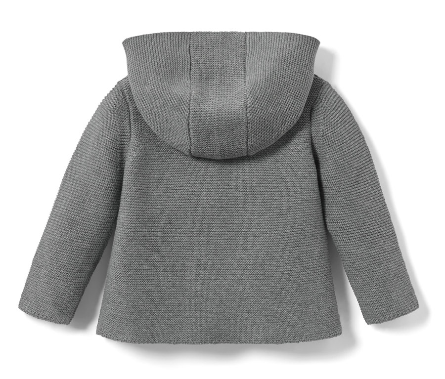 Gros plan sur l'arrière d'une jaquette en maille pour bébé, gris chiné.