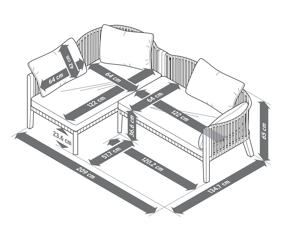 Dimensions d'un coin lounge avec tressage textile.