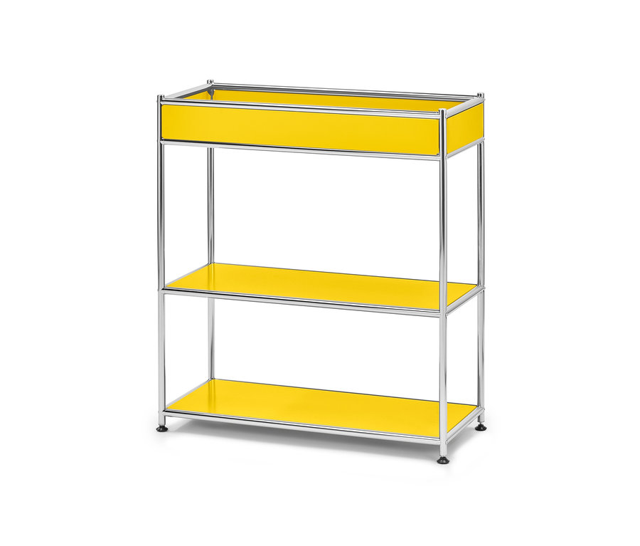 Console en métal jaune « CN3 » avec tablette et trois étagères.