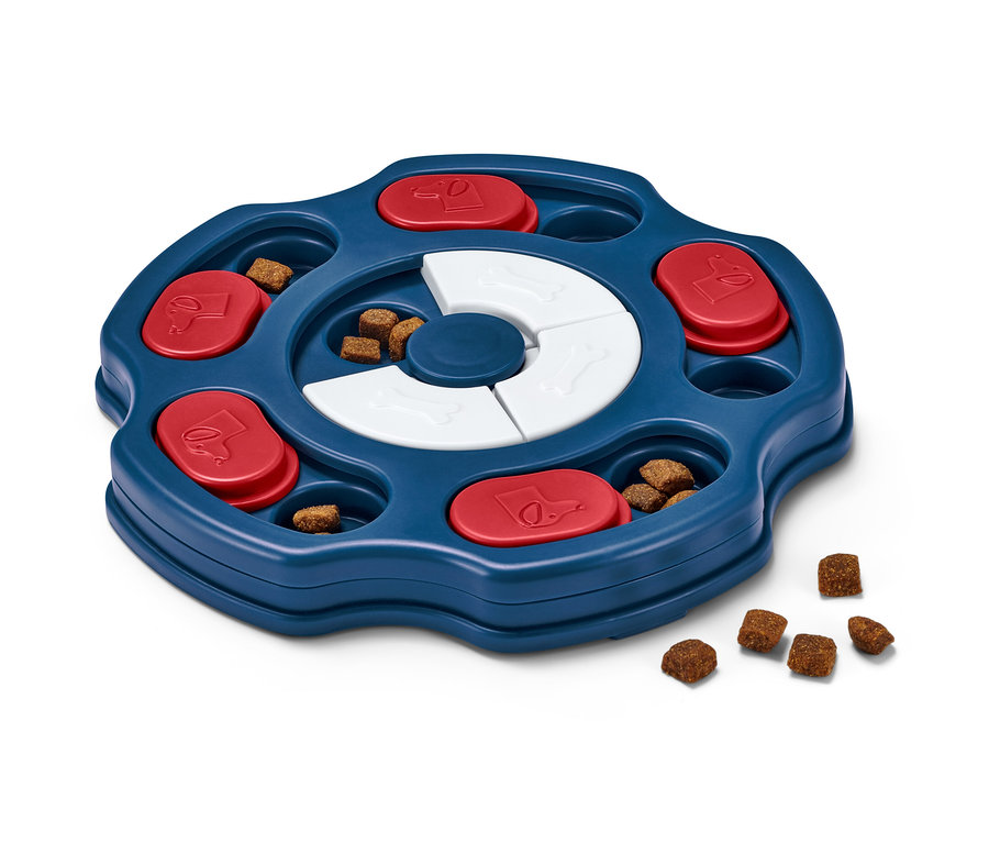 Jouet d’intelligence pour chien avec plateau bleu, curseurs rouges et os blancs, rempli de friandises.