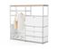 Commode en métal blanche « CN3 » avec plateau en bois, une tringle à vêtements, un abattant et trois tiroirs.