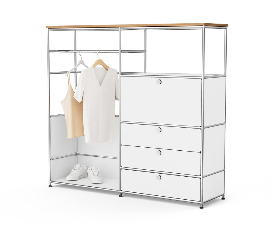 Commode en métal blanche « CN3 » avec plateau en bois, une tringle à vêtements, un abattant et trois tiroirs.