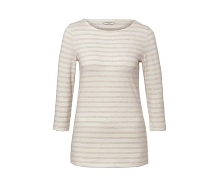 T-shirt manches 3/4 à rayures blanches et beige.