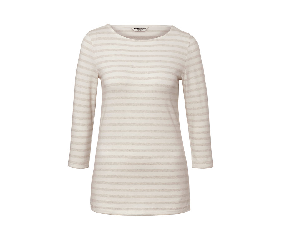 T-shirt manches 3/4 à rayures blanches et beige.