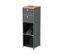 Commode étroite en métal gris « CN3 » avec plateau en bois et 2 tiroirs. Un casque est posé dans le compartiment ouvert.