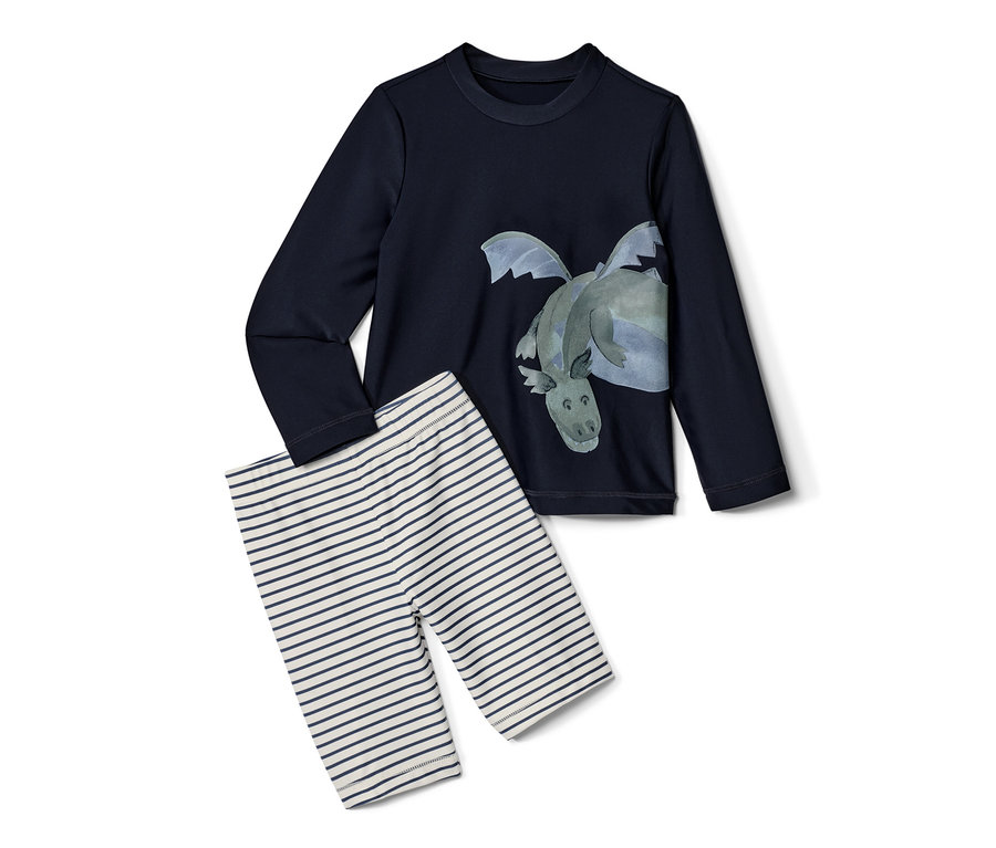 Ensemble pour enfant avec indice de protection UV 80, dragon: Haut bleu marine à manches longues avec motif dragon et legging rayé.