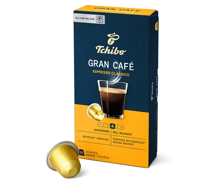 Paquet de capsules Gran Café Espresso Classico avec une capsule à côté.