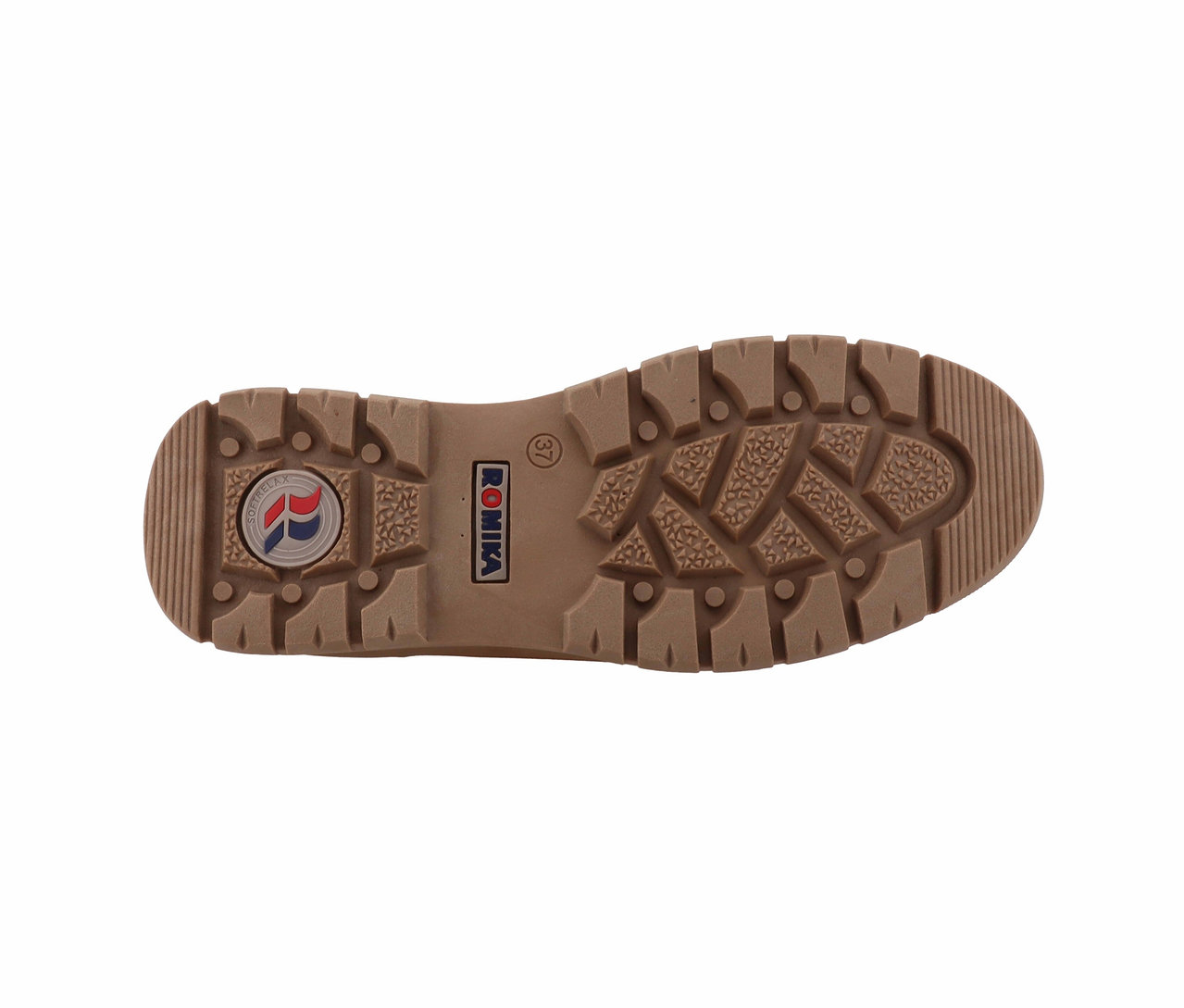 Vue de la semelle d'une chaussure marron Romika avec une semelle à motif distinctif.