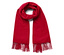 Une écharpe rouge à franges sur fond blanc.