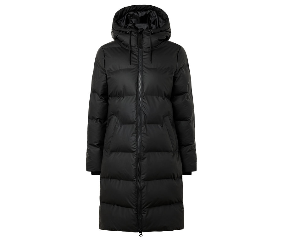 Manteau long noir à capuche avec fermeture éclair au centre.