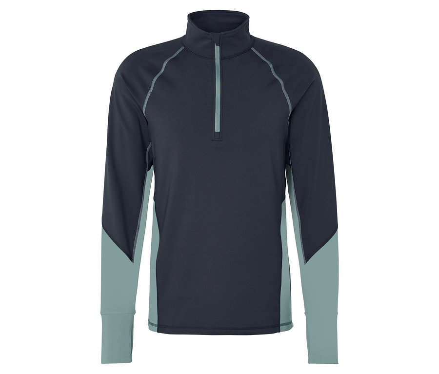 T-shirt à manches longues bleu foncé avec empiècements bleu clair et fermeture éclair.