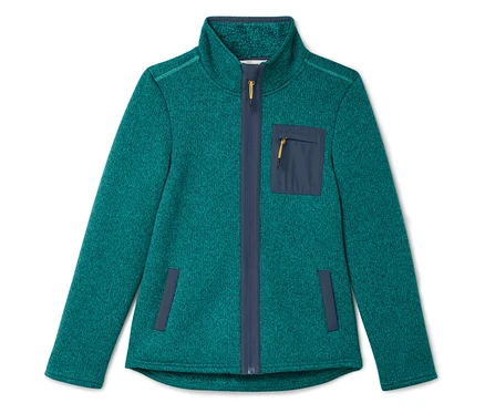 Veste en polaire verte avec fermeture éclair et poche poitrine.