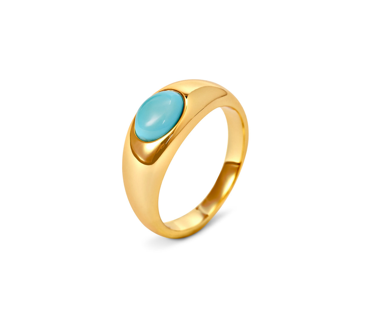 Vue détaillée d'une bague dorée avec une pierre turquoise.