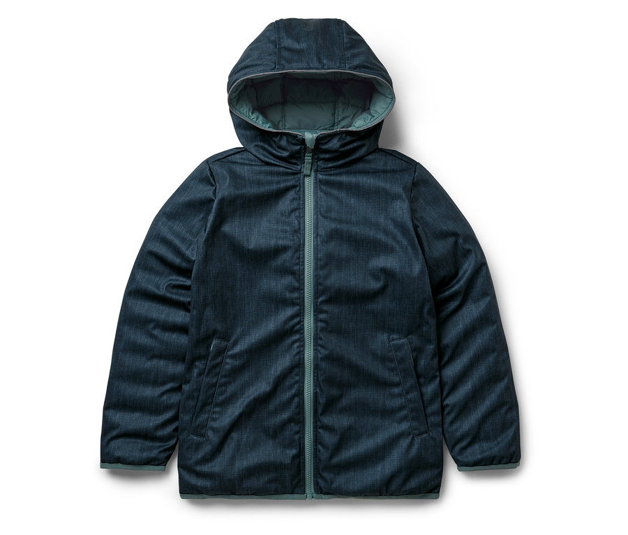 Veste softshell et matelassée 2-en-1 bleue pour enfants avec capuche et fermeture éclair verte.