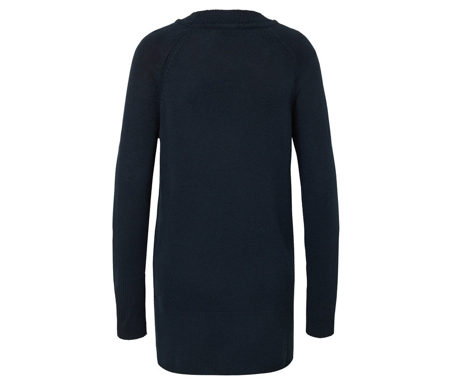 Cardigan en tricot bleu marine vu de dos sur fond blanc.